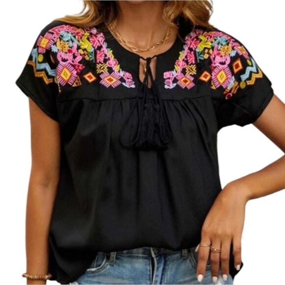 Boho Embroidered Black Peasant Blouse - Picture 1 of 9